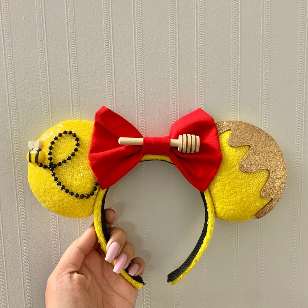 Handmade Yellow Honey Bee Minnie Ears Headband with Red Bow